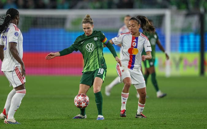 GER, Wolfsburg, VfL Wolfsburg vs Olympique Lyon, WomenÂs Champions League, Football, UEFA, Season 2025 2026, AOK Arena, Quarter-final, First leg in picture f l Svenja Huth VfL Wolfsburg Women 10 , Selma Bacha Olympique Lyon Women , Duel DFB DFL REGULATIONS PROHIBIT ANY USE OF PHOTOGRAPHS AS IMAGE SEQUENCES AND OR QUASI VIDEO, 24 03 2026 Copyright: HMBxMedia HendrikxHamelau