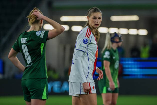 Wolfsburg, Germany 24 March 2026 UEFA Women™s Champions League quarter-final first round VfL Wolfsburg Women vs OL Lyonnes In the picture former player of VfL Wolfsburg and current player at OL Lyonnes Jule Brand OL Lyonnes at the Champions League match in Wolfsburg Copyright: HMBxMedia MadeleinexFantini