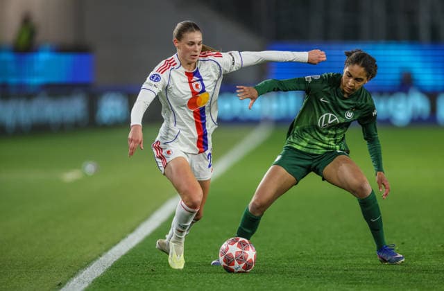 GER, Wolfsburg, VfL Wolfsburg vs Olympique Lyon, WomenÂs Champions League, Football, UEFA, Season 2025 2026, AOK Arena, Quarter-final, First leg in picture f l Jule Brand Olympique Lyon Women 29 , Cora Zicai VfL Wolfsburg Women 28 , Duel DFB DFL REGULATIONS PROHIBIT ANY USE OF PHOTOGRAPHS AS IMAGE SEQUENCES AND OR QUASI VIDEO, 24 03 2026 Copyright: HMBxMedia HendrikxHamelau