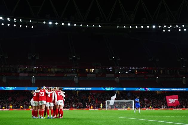 Stina Blackstenius of Arsenal celebrates scoring a goal after making the score 1-0. Arsenal Women v Chelsea Women, UEFA Women s Champions League, Quarter Final, First Leg, Football, Emirates Stadium, London, UK - 24 Mar 2026London Emirates Stadium United Kingdom EDITORIAL USE ONLY No use with unauthorised audio, video, data, fixture lists, club league logos or live services. Online in-match use limited to 120 images, no video emulation. No use in betting, games or single club league player publications.  Copyright: xJamesxMarsh Shutterstockx 16787096y