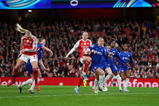 London, England, 24th March 2026. Stina Blackstenius of Arsenal scores the opening goal during the Arsenal Women vs Chelsea Women UEFA Womens Champions League Quarter Final match at the Emirates Stadium, London. Picture credit should read: Paul Terry Sportimage EDITORIAL USE ONLY. No use with unauthorised audio, video, data, fixture lists, club league logos or live services. Online in-match use limited to 120 images, no video emulation. No use in betting, games or single club league player publications. SPI_015_PT_Arsenal_W_Chelsea_W SPI-4637-0015