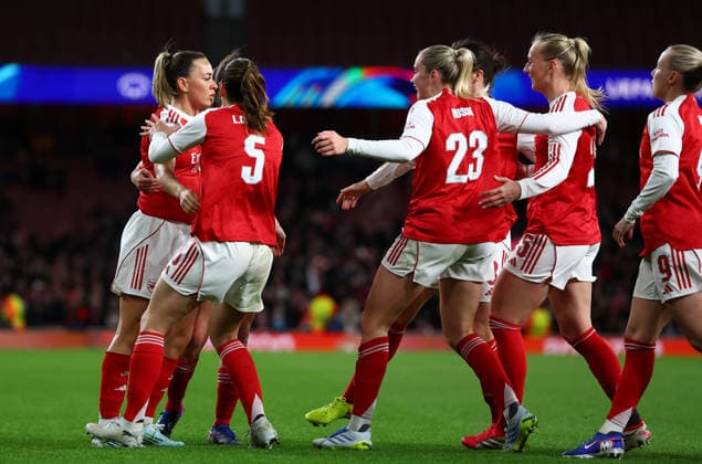 London, England, 24th March 2026. Stina Blackstenius (2nd R) of Arsenal celebrates with team mates after scoring to make it 1-0 during the Arsenal Women vs Chelsea Women UEFA Womens Champions League Quarter Final match at the Emirates Stadium, London. Picture credit should read: Paul Terry Sportimage EDITORIAL USE ONLY. No use with unauthorised audio, video, data, fixture lists, club league logos or live services. Online in-match use limited to 120 images, no video emulation. No use in betting, games or single club league player publications. SPI_016_PT_Arsenal_W_Chelsea_W SPI-4637-0016