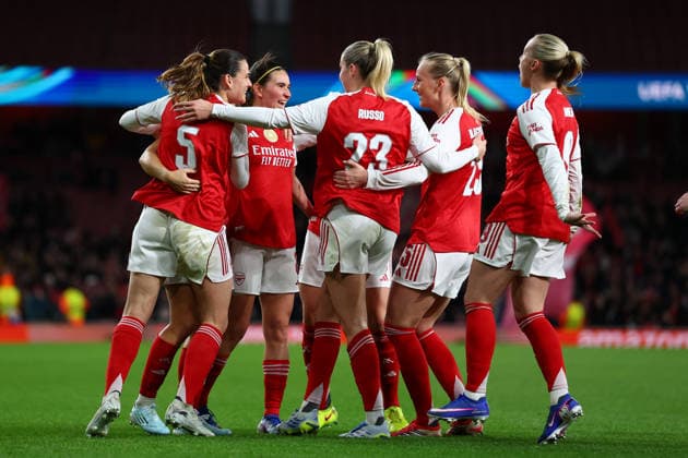 London, England, 24th March 2026. Stina Blackstenius (2nd R) of Arsenal celebrates with team mates after scoring to make it 1-0 during the Arsenal Women vs Chelsea Women UEFA Womens Champions League Quarter Final match at the Emirates Stadium, London. Picture credit should read: Paul Terry Sportimage EDITORIAL USE ONLY. No use with unauthorised audio, video, data, fixture lists, club league logos or live services. Online in-match use limited to 120 images, no video emulation. No use in betting, games or single club league player publications. SPI_017_PT_Arsenal_W_Chelsea_W SPI-4637-0017