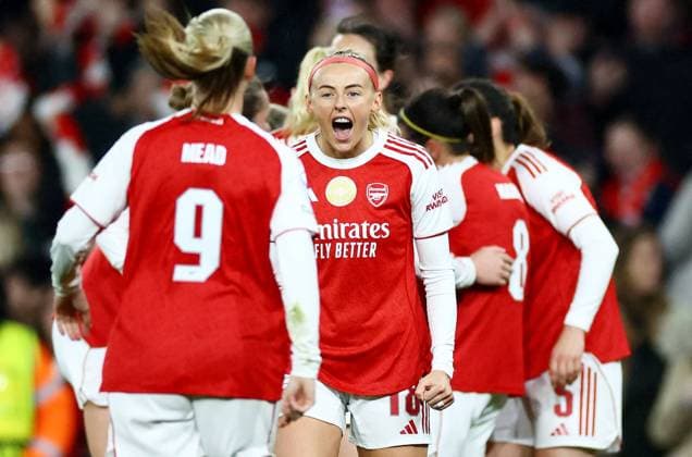 Chloe Kelly of Arsenal celebrates scoring a goal after making the score 2-0. Arsenal Women v Chelsea Women, UEFA Women s Champions League, Quarter Final, First Leg, Football, Emirates Stadium, London, UK - 24 Mar 2026London Emirates Stadium United Kingdom EDITORIAL USE ONLY No use with unauthorised audio, video, data, fixture lists, club league logos or live services. Online in-match use limited to 120 images, no video emulation. No use in betting, games or single club league player publications.  Copyright: xJamesxMarsh Shutterstockx 16787096at