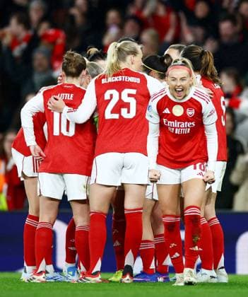 Chloe Kelly of Arsenal celebrates scoring a goal after making the score 2-0. Arsenal Women v Chelsea Women, UEFA Women s Champions League, Quarter Final, First Leg, Football, Emirates Stadium, London, UK - 24 Mar 2026London Emirates Stadium United Kingdom EDITORIAL USE ONLY No use with unauthorised audio, video, data, fixture lists, club league logos or live services. Online in-match use limited to 120 images, no video emulation. No use in betting, games or single club league player publications.  Copyright: xJamesxMarsh Shutterstockx 16787096au