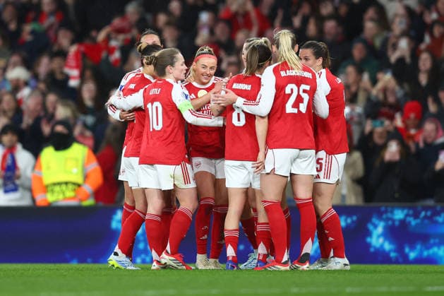 London, England, 24th March 2026. Chloe Kelly of Arsenal celebrates after scoring to make it 2-0 during the Arsenal Women vs Chelsea Women UEFA Womens Champions League Quarter Final match at the Emirates Stadium, London. Picture credit should read: Paul Terry Sportimage EDITORIAL USE ONLY. No use with unauthorised audio, video, data, fixture lists, club league logos or live services. Online in-match use limited to 120 images, no video emulation. No use in betting, games or single club league player publications. SPI_020_PT_Arsenal_W_Chelsea_W SPI-4637-0020