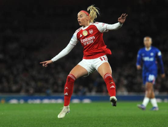 Football - 2025 2026 UEFA Women™s Champions League - Quarter Final, First Leg: Arsenal vs. Chelsea - Emirates Stadium - Tuesday 24th March 2026 Chloe Kelly of Arsenal scoring goal no 2 