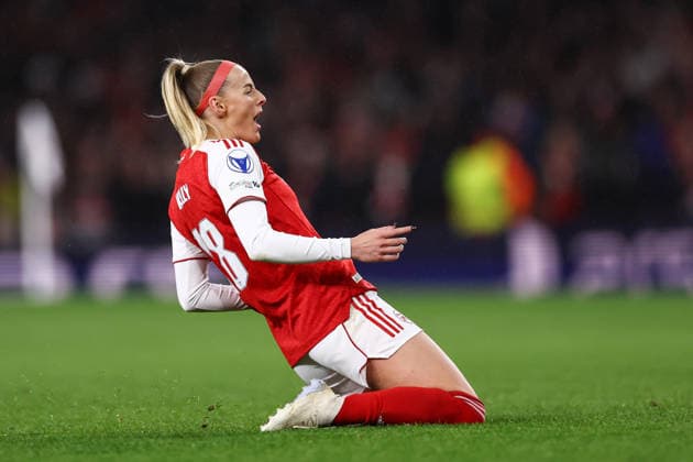 Arsenal gegen Chelsea Frauen 24. März 2026, London UEFA Womens Champions League Viertelfinale Hinspiel Arsenal gegen Chelsea Chloe Kelly von Arsenal feiert ihr zweites Tor Foto Jacques Feeney Abseits London UK  Copyright: xJacquesxFeeneyx xOffsidexOffside