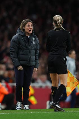 London, England, 24th March 2026. Sonia Bompastor, Manager of Chelsea reacts towards the assistant referee during the Arsenal Women vs Chelsea Women UEFA Womens Champions League Quarter Final match at the Emirates Stadium, London. Picture credit should read: Paul Terry Sportimage EDITORIAL USE ONLY. No use with unauthorised audio, video, data, fixture lists, club league logos or live services. Online in-match use limited to 120 images, no video emulation. No use in betting, games or single club league player publications. SPI_027_PT_Arsenal_W_Chelsea_W SPI-4637-0027