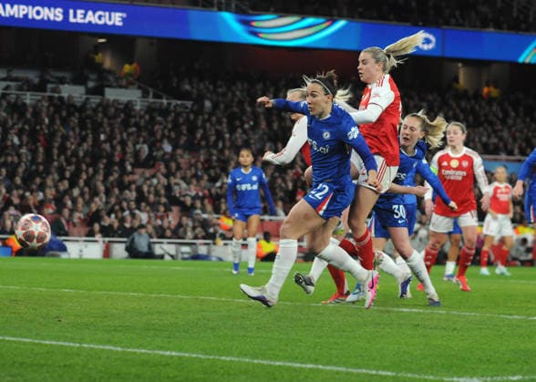 Football - 2025 2026 UEFA Women™s Champions League - Quarter Final, First Leg: Arsenal vs. Chelsea - Emirates Stadium - Tuesday 24th March 2026 Stina Blackstenius of Arsenal heads the first goal 
