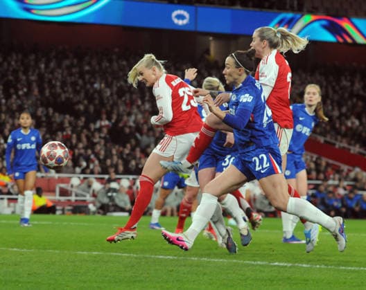 Football - 2025 2026 UEFA Women™s Champions League - Quarter Final, First Leg: Arsenal vs. Chelsea - Emirates Stadium - Tuesday 24th March 2026 Stina Blackstenius of Arsenal heads the first goal 