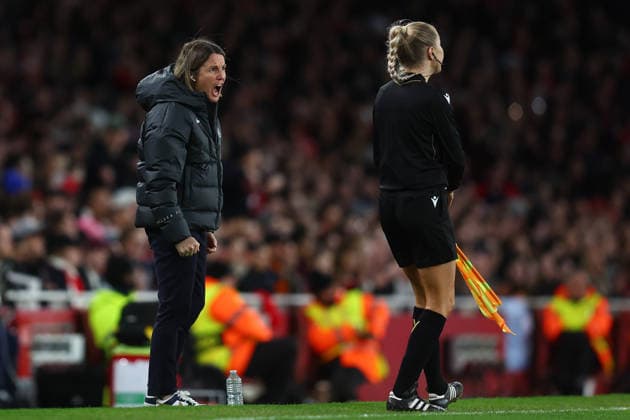 London, England, 24th March 2026. Sonia Bompastor, Manager of Chelsea reacts towards the assistant referee during the Arsenal Women vs Chelsea Women UEFA Womens Champions League Quarter Final match at the Emirates Stadium, London. Picture credit should read: Paul Terry Sportimage EDITORIAL USE ONLY. No use with unauthorised audio, video, data, fixture lists, club league logos or live services. Online in-match use limited to 120 images, no video emulation. No use in betting, games or single club league player publications. SPI_029_PT_Arsenal_W_Chelsea_W SPI-4637-0029