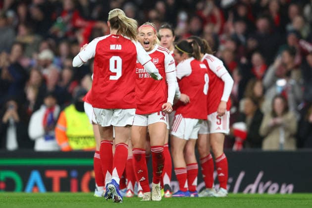 London, England, 24th March 2026. Chloe Kelly of Arsenal celebrates after scoring to make it 2-0 during the Arsenal Women vs Chelsea Women UEFA Womens Champions League Quarter Final match at the Emirates Stadium, London. Picture credit should read: Paul Terry Sportimage EDITORIAL USE ONLY. No use with unauthorised audio, video, data, fixture lists, club league logos or live services. Online in-match use limited to 120 images, no video emulation. No use in betting, games or single club league player publications. SPI_030_PT_Arsenal_W_Chelsea_W SPI-4637-0030