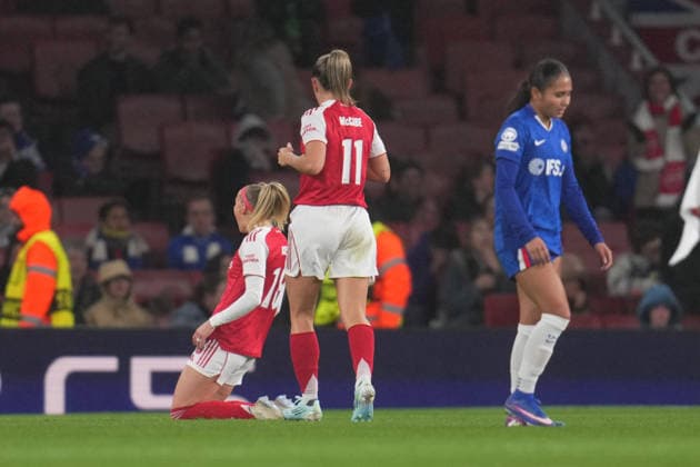 UEFA Women s Champions League Quarter-finals Arsenal v Chelsea Chloe Kelly of Arsenal scores to make it 2-0 during the UEFA Women s Champions League Quarter-finals match Arsenal vs Chelsea at Arsenal Stadium, London, United Kingdom on 24 March 2026 (Photo by Harvey Murphy News Images) Copyright: xHarveyxMurphy NewsxImagesx