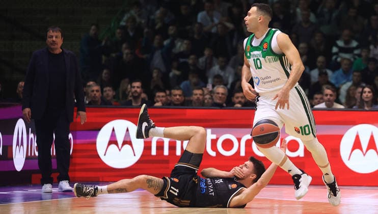 24.03.2026 Sarajevo(Bosnia and Herzegovina) BC Dubai-BC Panathinaikos Eurolegue men s basketball Kosta Kondic (C) Dubai, Kostas Sloukas (R) Panathinaikos :