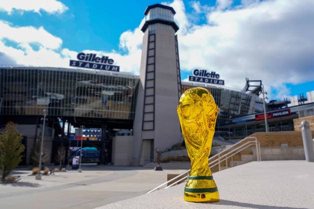 FIFA World Cup, WM, Weltmeisterschaft, Fussball 2026 Boston Detailed view of a FIFA World Cup trophy at Gillette Stadium on Tuesday, Mar 24, 2026, in Foxborough, MA. Gillette Stadium is set to host seven FIFA matches during the 2026 World Cup. (Dylan Stewart Image of Foxborough MA USA EDITORIAL USE ONLY Copyright: xImagexofxSportx DylanxStewartx iosphotos402479