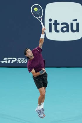 March 24, 2026, Miami Gardens, Florida, USA: Terence Atmane (FRA) serves to Frances Tiafoe (not pictured) during the men s fourth round singles match at the 2026 Miami Open presented by Itau at Hard Rock Stadium. Miami Gardens USA - ZUMAw109 20260324_fap_w109_012 Copyright: xDebbyxWongx