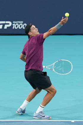 March 24, 2026, Miami Gardens, Florida, USA: Terence Atmane (FRA) serves to Frances Tiafoe (not pictured) during the men s fourth round singles match at the 2026 Miami Open presented by Itau at Hard Rock Stadium. Miami Gardens USA - ZUMAw109 20260324_fap_w109_011 Copyright: xDebbyxWongx
