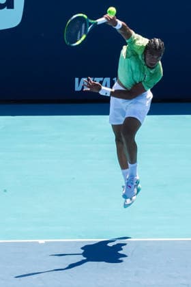 March 24, 2026, Miami Gardens, Florida, USA: Arthur Fils (FRA) serves to Valentin Vacherot (not pictured) during the men s fourth round match at the 2026 Miami Open presented by Itau at Hard Rock Stadium. Miami Gardens USA - ZUMAw109 20260324_fap_w109_052 Copyright: xDebbyxWongx