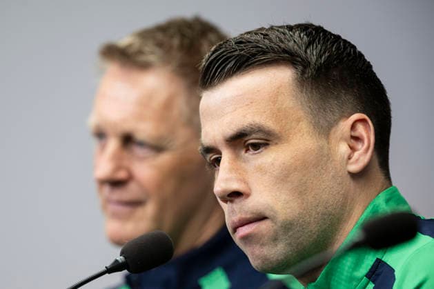 From left: Heimir Hallgrimsson, head coach of Ireland, and defender Seamus Coleman at a press conference, PK, Pressekonferenz within media programme before the match Czech Republic vs Ireland, semi-final of the European play-off for qualification to the football World Cup, in Prague, Czech Republic, on March 25, 2026. (CTKxPhoto MichalxKamaryt) CTKPhotoP2026032502965  CTKPhotoP2026032502965