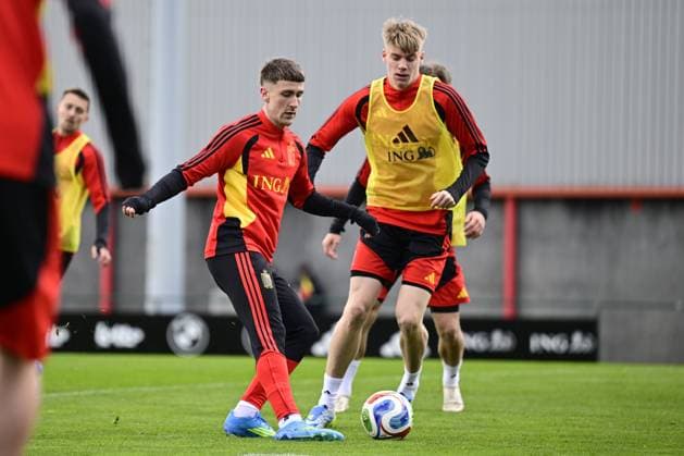 Belgian Red Devils - pre-World Cup 2026 training camp - training 25 03 2026 TUBIZE, BELGIUM - MARCH 25 : Saelemaekers Alexis midfielder of Belgium and De Cat Nathan defender of Belgium pictured during a training session at the training grounds of the Royal Belgian Football Association, in preparation to a mini-camp that will take place in the United States. There, the Belgian Red Devils, will play friendly games against the United States of America and Mexico as part of a pre-World Cup 2026 training camp on March 25, 2026 in Tubize, Belgium, 25 03 2026 Tubize Belgium  Copyright: xJanxDexMeuleneirx