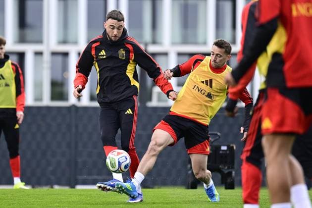 Belgian Red Devils - pre-World Cup 2026 training camp - training 25 03 2026 TUBIZE, BELGIUM - MARCH 25 : Debast Zeno defender of Belgium and Castagne Timothy defender of Belgium pictured during a training session at the training grounds of the Royal Belgian Football Association, in preparation to a mini-camp that will take place in the United States. There, the Belgian Red Devils, will play friendly games against the United States of America and Mexico as part of a pre-World Cup 2026 training camp on March 25, 2026 in Tubize, Belgium, 25 03 2026 Tubize Belgium  Copyright: xJanxDexMeuleneirx