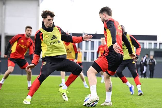 Belgian Red Devils - pre-World Cup 2026 training camp - training 25 03 2026 TUBIZE, BELGIUM - MARCH 25 : Meunier Thomas defender of Belgium and Debast Zeno defender of Belgium pictured during a training session at the training grounds of the Royal Belgian Football Association, in preparation to a mini-camp that will take place in the United States. There, the Belgian Red Devils, will play friendly games against the United States of America and Mexico as part of a pre-World Cup 2026 training camp on March 25, 2026 in Tubize, Belgium, 25 03 2026 Tubize Belgium  Copyright: xJanxDexMeuleneirx