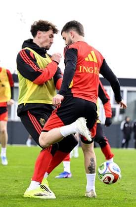 Belgian Red Devils - pre-World Cup 2026 training camp - training 25 03 2026 TUBIZE, BELGIUM - MARCH 25 : Meunier Thomas defender of Belgium and Debast Zeno defender of Belgium pictured during a training session at the training grounds of the Royal Belgian Football Association, in preparation to a mini-camp that will take place in the United States. There, the Belgian Red Devils, will play friendly games against the United States of America and Mexico as part of a pre-World Cup 2026 training camp on March 25, 2026 in Tubize, Belgium, 25 03 2026 Tubize Belgium  Copyright: xJanxDexMeuleneirx