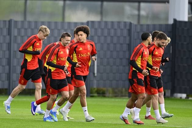 Belgian Red Devils - pre-World Cup 2026 training camp - training 25 03 2026 TUBIZE, BELGIUM - MARCH 25 : Castagne Timothy defender of Belgium and Witsel Axel midfielder of Belgium pictured during a training session at the training grounds of the Royal Belgian Football Association, in preparation to a mini-camp that will take place in the United States. There, the Belgian Red Devils, will play friendly games against the United States of America and Mexico as part of a pre-World Cup 2026 training camp on March 25, 2026 in Tubize, Belgium, 25 03 2026 Tubize Belgium  Copyright: xJanxDexMeuleneirx