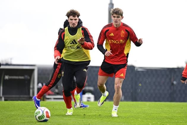 Belgian Red Devils - pre-World Cup 2026 training camp - training 25 03 2026 TUBIZE, BELGIUM - MARCH 25 : Meunier Thomas defender of Belgium and De Ketelaere Charles midfielder of Belgium pictured during a training session at the training grounds of the Royal Belgian Football Association, in preparation to a mini-camp that will take place in the United States. There, the Belgian Red Devils, will play friendly games against the United States of America and Mexico as part of a pre-World Cup 2026 training camp on March 25, 2026 in Tubize, Belgium, 25 03 2026 Tubize Belgium  Copyright: xJanxDexMeuleneirx