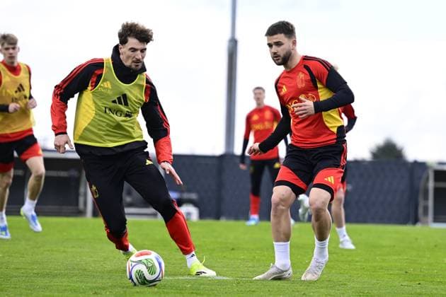 Belgian Red Devils - pre-World Cup 2026 training camp - training 25 03 2026 TUBIZE, BELGIUM - MARCH 25 : Meunier Thomas defender of Belgium and Raskin Nicolas midfielder of Belgium pictured during a training session at the training grounds of the Royal Belgian Football Association, in preparation to a mini-camp that will take place in the United States. There, the Belgian Red Devils, will play friendly games against the United States of America and Mexico as part of a pre-World Cup 2026 training camp on March 25, 2026 in Tubize, Belgium, 25 03 2026 Tubize Belgium  Copyright: xJanxDexMeuleneirx