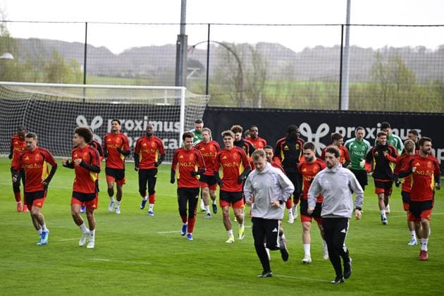 Belgian Red Devils - pre-World Cup 2026 training camp - training 25 03 2026 TUBIZE, BELGIUM - MARCH 25 : players of Belgium pictured during a training session at the training grounds of the Royal Belgian Football Association, in preparation to a mini-camp that will take place in the United States. There, the Belgian Red Devils, will play friendly games against the United States of America and Mexico as part of a pre-World Cup 2026 training camp on March 25, 2026 in Tubize, Belgium, 25 03 2026 Tubize Belgium  Copyright: xJanxDexMeuleneirx