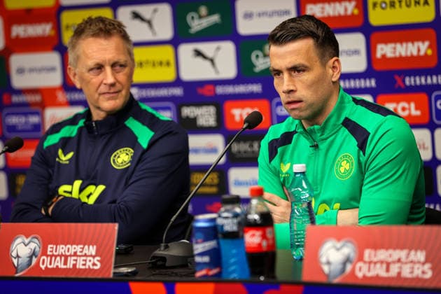 Republic of Ireland press conference, PK, Pressekonferenz Fortune Arena, Prague, Czech Republic 25 3 2026 Head coach Heimir Hallgrimsson and Seamus Coleman Heimir Hallgrimsson and Seamus Coleman 25 3 2026  Copyright: x INPHO RyanxByrnex RB3_8137