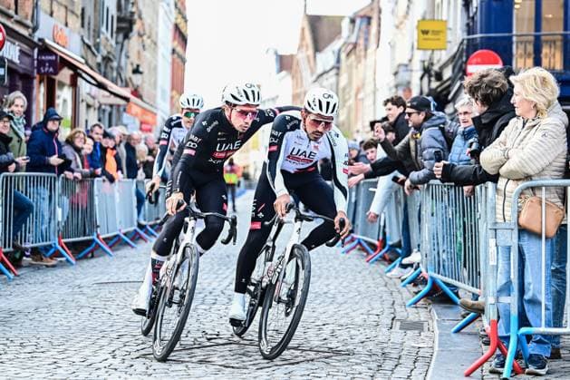 Portuguese Rui Oliveira of UAE Team Emirates-XRG and Colombian Juan Sebastian Molano of UAE Team Emirates-XRG pictured at the start of the Ronde van Brugge men s elite one-day cycling race, 202,9 km from and to Brugge on Wednesday 25 March 2026. MAARTENxSTRAETEMANS  x168833623x