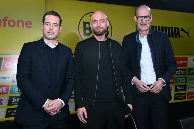 Soccer 1 Bundesliga Presentation of Nils Ole Book at Borussia Dortmund on 25 03 2026 at Signal Iduna Park in Dortmund Lars Ricken Managing Director Sport Dortmund , left Nils Ole Book Sports Director Dortmund , center Carsten Kramer Spokesman of the Management Dortmund , right xRx