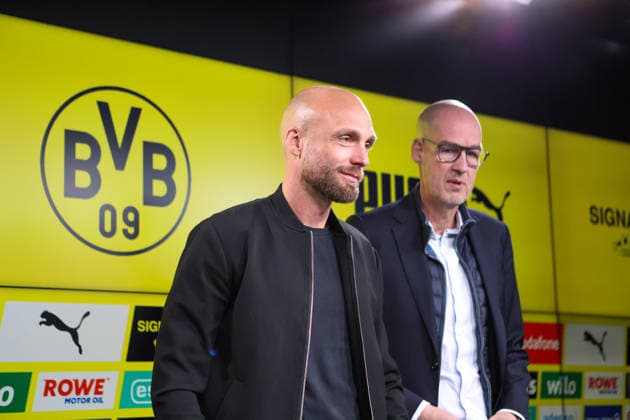 Dortmund, Germany March 25, 2026 Press conference Presentation of the new BVB Sports Director Nils Ole Book In the picture from left the new BVB Sports Director Nils Ole Book BVB and Managing Director Carsten Cramer BVB at the press conference DFB regulations prohibit any use of photographs as image sequences and or quasi photo Copyright: HMBxMedia MadeleinexFantini