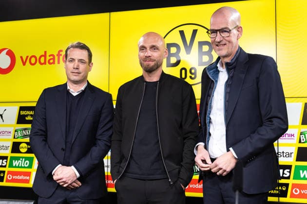 25 03 2026, Football, Press conference, Presentation of the new sports director Ole Book Borussia Dortmund f l Managing Director Sports Lars Ricken Borussia Dortmund , Sports Director Ole Book Borussia Dortmund , Managing Director Carsten Cramer Borussia Dortmund Dortmund Dortmund Signal Iduna Park NRW Germany xRHR PHOTO DEx Copyright: DennisxEwert RHR-FOTOx RHR-FOTO DE