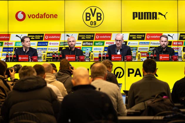 25 03 2026, Football, Press conference, Presentation of the new sports director Ole Book Borussia Dortmund f l Managing Director Sport Lars Ricken Borussia Dortmund , Sports Director Ole Book Borussia Dortmund , Managing Director Carsten Cramer Borussia Dortmund , Press spokesman Sven Westerschulze Borussia Dortmund Dortmund Signal Iduna Park NRW Germany xRHR PHOTO DEx Copyright: DennisxEwert RHR-FOTOx RHR-FOTO DE
