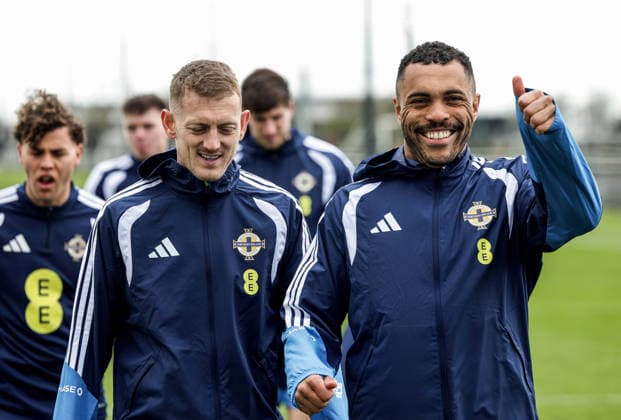 Northern Ireland Squad Training, Axa Training Centre, Liverpool, England 25 3 2026 George Saville and Josh Magennis George Saville and Josh Magennis 25 3 2026  Copyright: x INPHO Presseye WilliamxCherryx N Ireland training_005