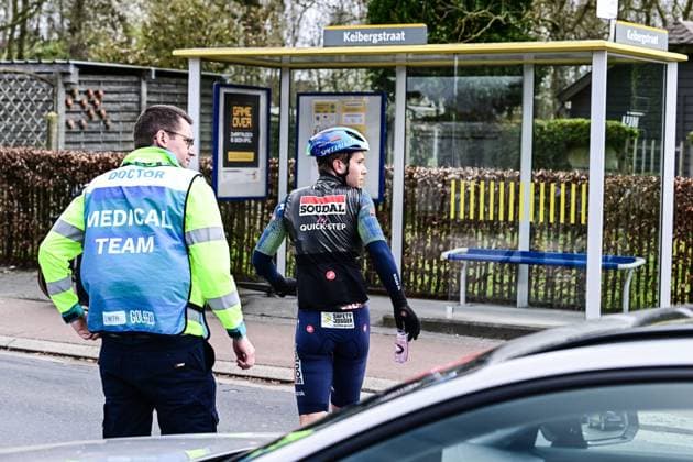 Belgian Fabio Van den Bossche of Soudal Quick-Step crashed during the Ronde van Brugge men s elite one-day cycling race, 202,9 km from and to Brugge on Wednesday 25 March 2026. MAARTENxSTRAETEMANS  x168838790x