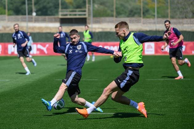 SOCCER - OEFB, training camp MARBELLA,SPAIN,25.MAR.26 - SOCCER - OEFB, Oesterreichischer Fussball-Bund, training camp. Image shows Romano Christian Schmid and Philipp Lienhart (AUT).  GEPAxpictures xChristianxMoser
