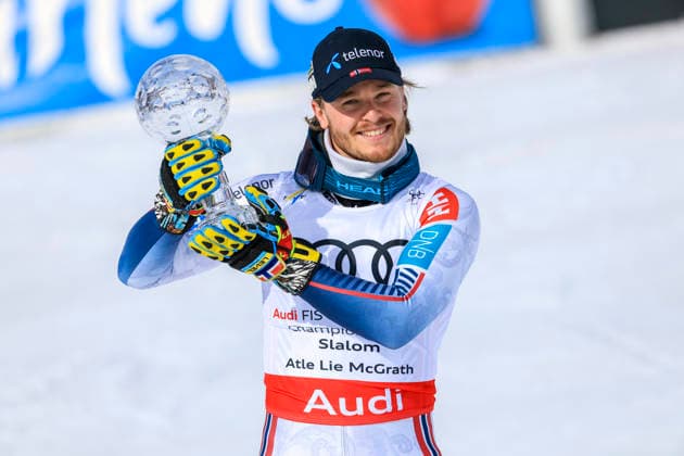 ALPINE SKIING - FIS WC Final Lillehammer HAFJELL,NORWAY,25.MAR.26 - ALPINE SKIING - FIS World Cup Final, slalom, men. Image shows the rejoicing of Atle Lie McGrath (NOR). keywords: crystal globe.  GEPAxpictures xWolfgangxGrebien