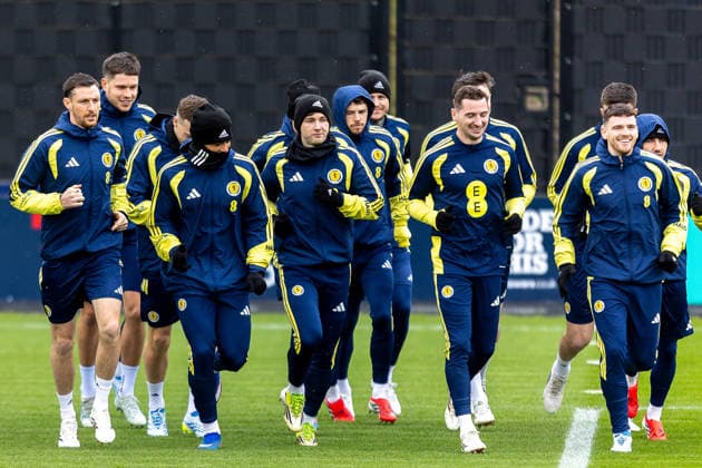 Scotland Training Andy Robertson of Scotland national team, Nationalteam leads out the squad during the Scotland training session ahead of their International Challenge Match, Scotland vs Japan, Lesser Hampden, Hampden Park, Glasgow, Scotland, 25 03 2026. Hampden Park Lesser Hampden Glasgow Scotland Editorial use only , Copyright: xColinxPoultneyx PSI-23967-0006