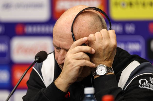 Czechia press conference, PK, Pressekonferenz Fortuna Arena, Prague, Czech Republic 25 3 2026 Manager Miroslav Koubek listens to a live translation Miroslav Koubek listens to a live translation 25 3 2026  Copyright: x INPHO BenxBradyx BB3_9969