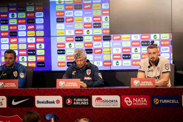 26 Mar 2026 FIFA World Cup, WM, Weltmeisterschaft, Fussball Qualifiers Group C, Semi-final, Match 5 Türkiye vs Romania, Romania press conference, PK, Pressekonferenz BeÅüiktaÅü Vodafone Park stadium, Ä°stanbul, Turkiye Radu DRAGUSIN and Coach Mircea Lucescu during the press conference