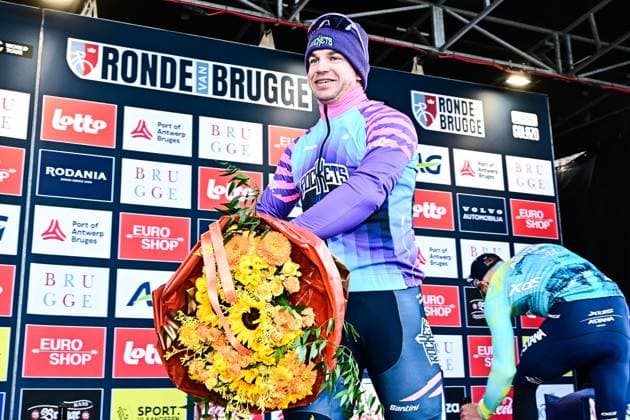 Dutch Dylan Groenewegen of Unibet Rose Rockets celebrates on the podium after winning the Ronde van Brugge men s elite one-day cycling race, 202,9 km from and to Brugge on Wednesday 25 March 2026. MAARTENxSTRAETEMANS  x168885740x