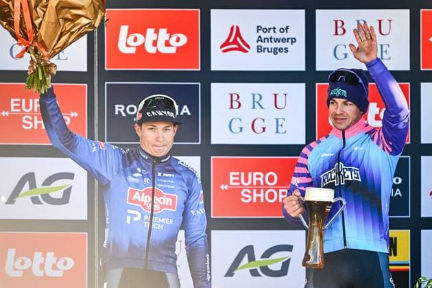 Belgian Jasper Philipsen of Alpecin-Premier Tech and Dutch Dylan Groenewegen of Unibet Rose Rockets pictured on the podium after the Ronde van Brugge men s elite one-day cycling race, 202,9 km from and to Brugge on Wednesday 25 March 2026. JASPERxJACOBS  x168885804x