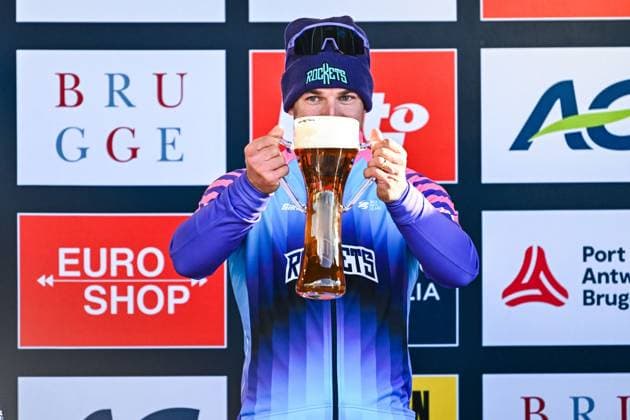 Dutch Dylan Groenewegen of Unibet Rose Rockets pictured on the podium after the Ronde van Brugge men s elite one-day cycling race, 202,9 km from and to Brugge on Wednesday 25 March 2026. JASPERxJACOBS  x168885808x