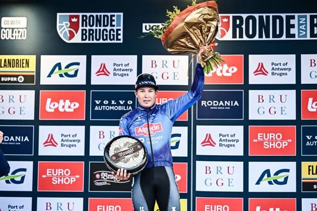 Belgian Jasper Philipsen of Alpecin-Premier Tech pictured on the podium after the Ronde van Brugge men s elite one-day cycling race, 202,9 km from and to Brugge on Wednesday 25 March 2026. MAARTENxSTRAETEMANS  x168886482x