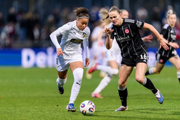260325 Felicia Schröder of Häcken and Marthine ostenstad of Eintracht Frankfurt during the UEFA Women s Europa Cup semifinal between Eintracht Frankfurt and Häcken on March 25, 2026 in Frankfurt Photo Mathias Bergeld BILDBYRAN kod MB MB1357 fotboll football soccer fotball europa cup eintracht frankfurt häcken uefa womens europa cup dam bbeng semifinal  Copyright: MATHIASxBERGELD BB260325MB026